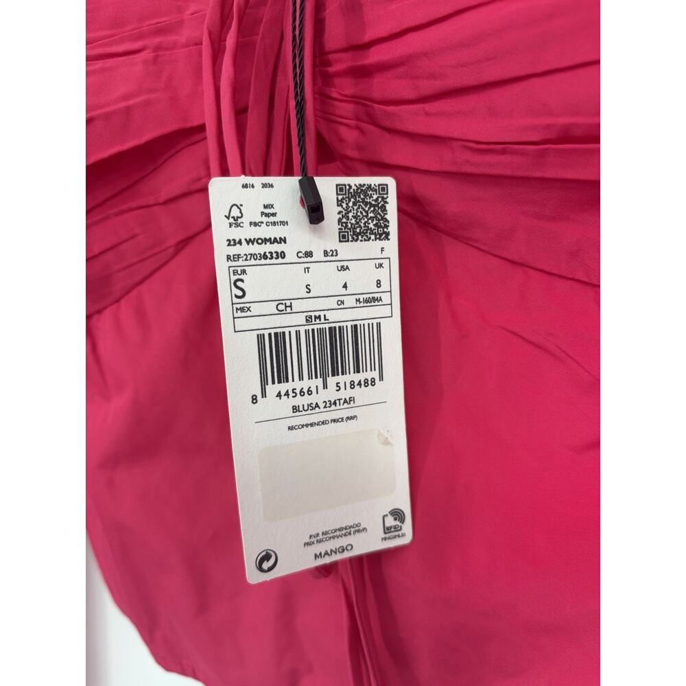 MANGO Hot Pink Ruched Crop Top Small NWT Fitted Y2K Chic Puff Sleeve Barbiecore - Picture 4 of 16